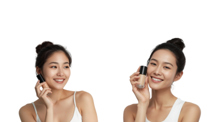 Smiling woman holding cosmetic bottle on transparent background png