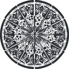 A black and white illustration of a sliced pizza showcasing various toppings and details.