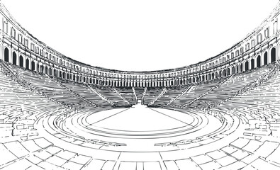 A detailed sketch of an ancient arena showcasing its architectural design and seating layout.