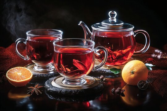 Still life featuring glass cups of hot herbal tea with cinnamon sticks, citrus slices, and mint leaves on a dark background, symbolizing warmth and wellness - Powered by Adobe