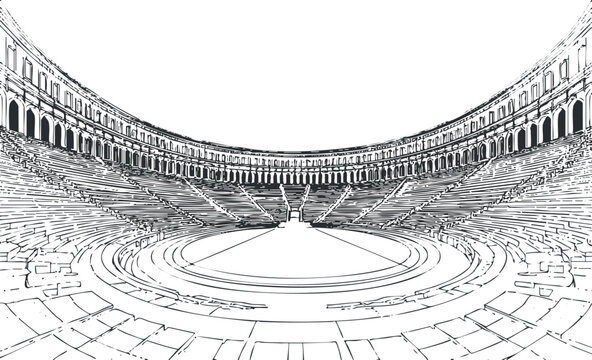 A detailed sketch of an ancient arena showcasing its architectural design and seating layout.