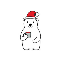 Cute Polar Bear in Santa Hat Holding Hot Cocoa Festive Holiday Vector illustration.