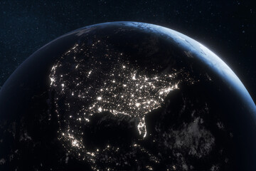 Earth from space at night showing North America illuminated by city lights, highlighting urban areas, human activity, and global connectivity against the dark expanse of the universe.