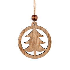 Wooden Christmas tree ornament isolated on transparent background. Stock photo