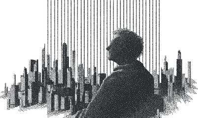 A silhouette of a man against a detailed cityscape, showcasing urban life and reflection.