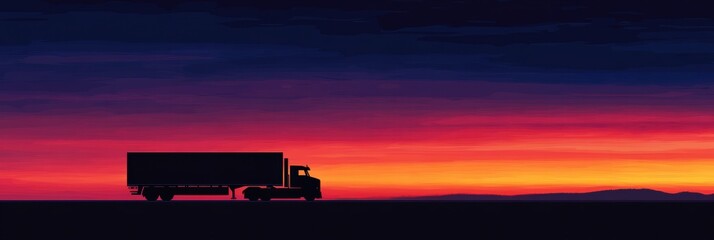 Sunset silhouette of a truck on a highway with vibrant sky colors over distant mountains