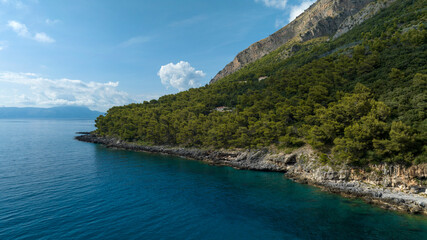 Panorama of a rocky coastline with trees and mountains reaching down to the sea.