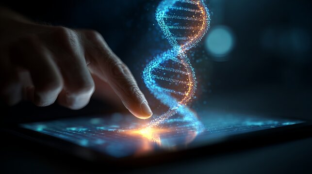 Discovering genetic secrets: Hand interacts with glowing DNA helix on futuristic digital interface screen