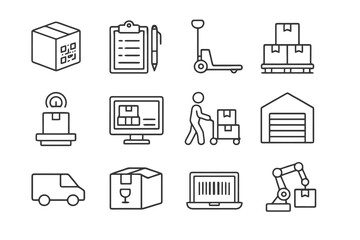 Collection of 12 linear warehouse icons including trolley, pallet jack, stacked boxes, fragile labels, scales, computers, and warehouse buildings.