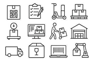 Set of 12 thin line icons for warehouse operations, showing inventory, pallets, QR codes, robotic arms, vans, and digital stock management tools.