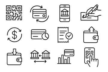 Collection of 12 linear financial icons, covering mobile banking, checks, QR codes, money transfers, receipts, and financial reports. Ideal for fintech apps.