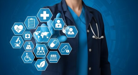 Doctor touching a holographic interface with medical icons and symbols healthcare Modern and digital technology