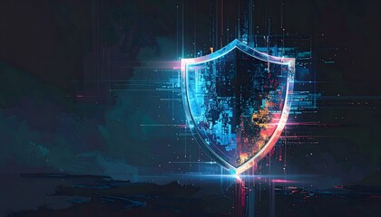 Cyber Threat Protection Texture with Pixelated Glitch Digital Shield – Dark Mode