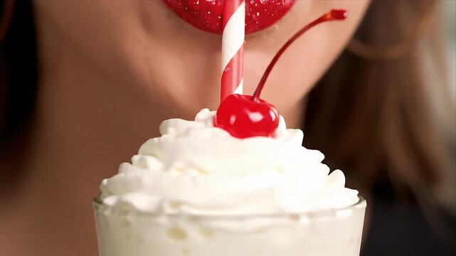 A woman's lips with bright red lipstick already sucking noisily from a striped straw.