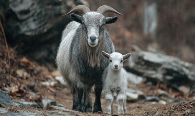 Obraz premium Two goats in a rocky, natural setting