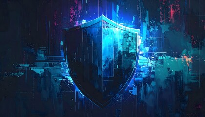 Cyber Threat Protection Texture with Pixelated Glitch Digital Shield – Dark Mode