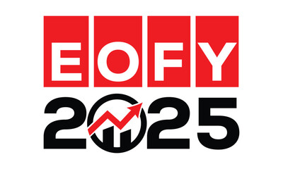 Modern 2025 logo design with bold black text above a red block featuring mirrored white “EOFY 2025” typography. Clean style, sharp lines, and strong contrast create a striking visual.