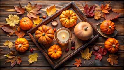Cozy autumn arrangement with pumpkins, fallen leaves, and a lit candle on a rustic wooden table, evoking a warm and inviting fall atmosphere