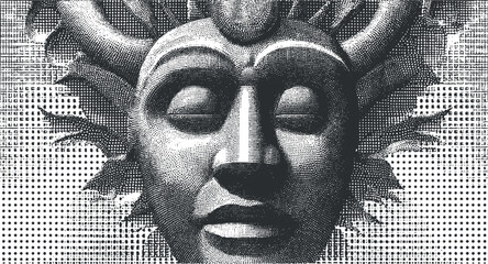 Abstract monochrome sculpture depicting a serene face with intricate details and patterns.