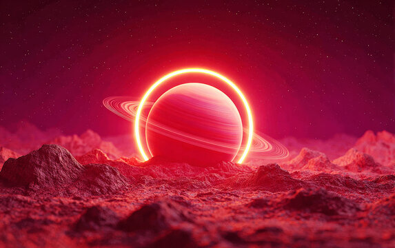 Vibrant Red Planet with Rings Shining in Cosmic Landscape