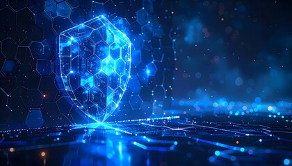 Cybersecurity background with abstract digital shield, glowing blue hexagon grid