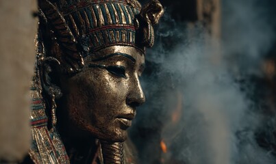 Golden Pharaoh statue profile in smoky ambiance