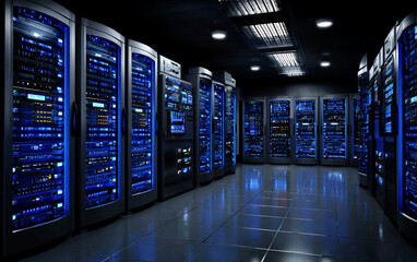 Large data center with rows of server racks emitting blue light