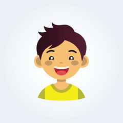 A cartoon character illustration of a boy laughing with an open mouth and a yellow colored shirt