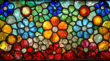 Bright and colorful stained glass window featuring a floral desi