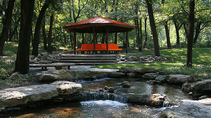Obraz premium Relaxation spot with orange seating and stone features near a sm