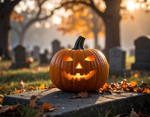 Glowing jack-o'-lantern in cemetery