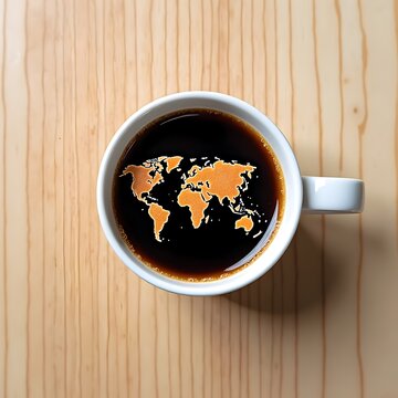 Aromatic Coffee with World Map Design Perfect for Global Businesses and Travel Enthusiasts Top View on Wooden Table