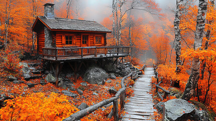 Cozy cabin surrounded by vibrant orange foliage in a serene fore