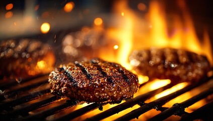 Tasty beef patties grilling over open flame with smoky fire sparks, sizzling barbecue burgers on the grill, food background for fast food, restaurant, or BBQ concept