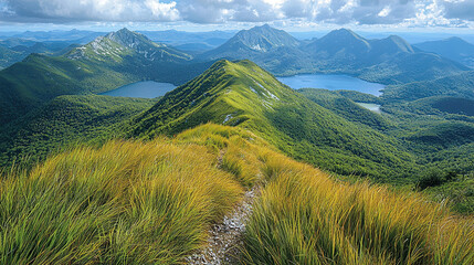 Scenic view of green mountains and lakes from a high summit on a