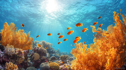 Colorful fish swimming amidst vibrant coral reefs in a clear oce