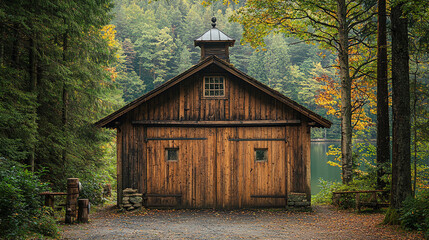 Wooden cabin beside a serene lake in a colorful autumn forest du