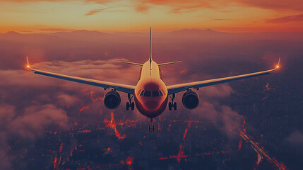 Airplane flying over city skyline at sunset with glowing lights
