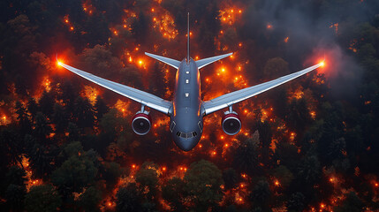 Aircraft flying over a forest fire during the night with glowing