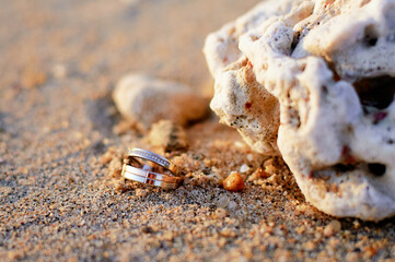 Close-up of elegant golden rings placed on textured sand near a coral rock, symbolizing love. Golden Wedding Rings on Sand Near Coral in Natural Outdoors