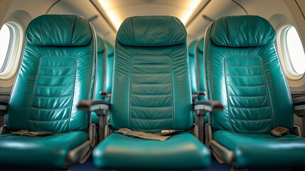 Comfortable teal airplane seats with seatbelts ready for passeng