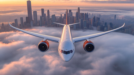 Airplane flying high above city skyline during sunset with cloud