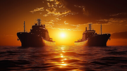 Ships enjoy a peaceful sunset on the horizon in a calm ocean set