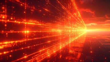 Digital Firewall Concept Background with Glowing Lines and Red-Orange Gradient