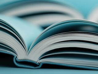 A close-up view of an open book, showcasing its pages with a soft blue background, highlighting the texture and depth of the book's design.