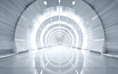 Futuristic white tunnel with bright lights and reflective floor