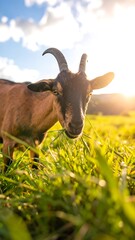 Goat grazing in field at sunset