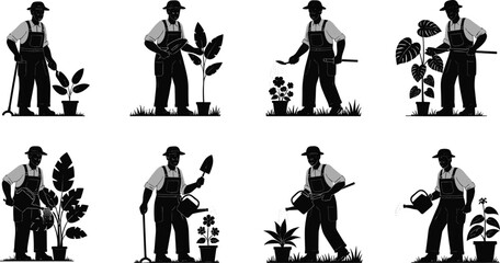 Farmer gardening illustration with plants, watering can, shovel, flowers, agriculture worker silhouette, eco farming concept, garden tools, plant care vector design