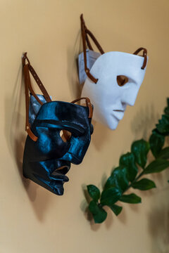 Traditional Sardinian masks worn by the Mamuthones in a typical Sardinian house.
