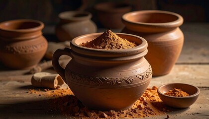 Terracotta vessels brimming with a rich, earthy spice powder, illuminated by a warm light, create a rustic and inviting composition.
